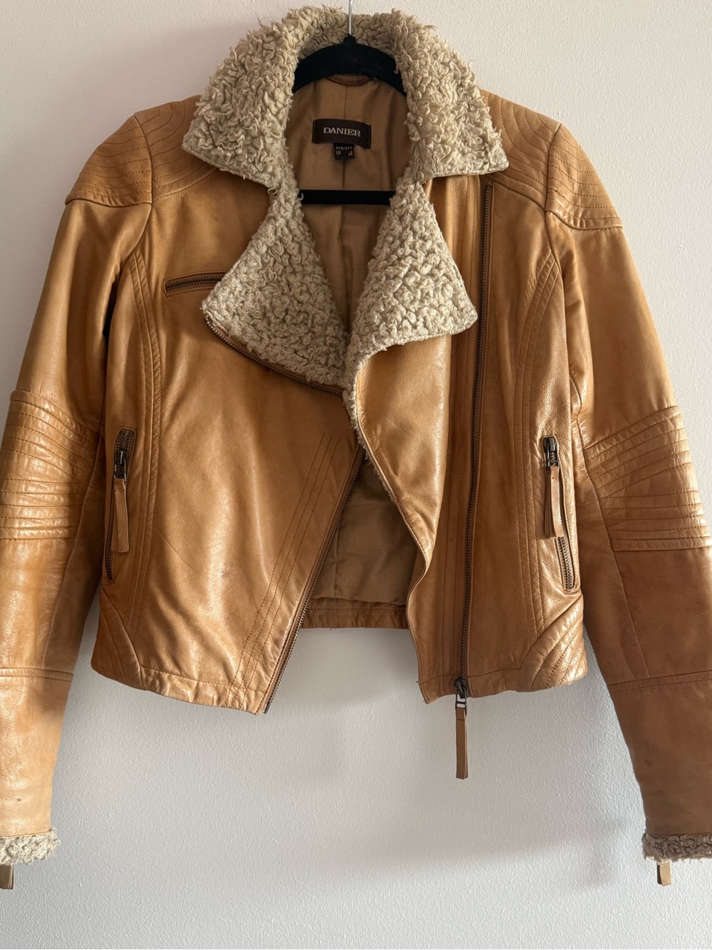 Danier Tan Leather Jacket with Shearling Collar